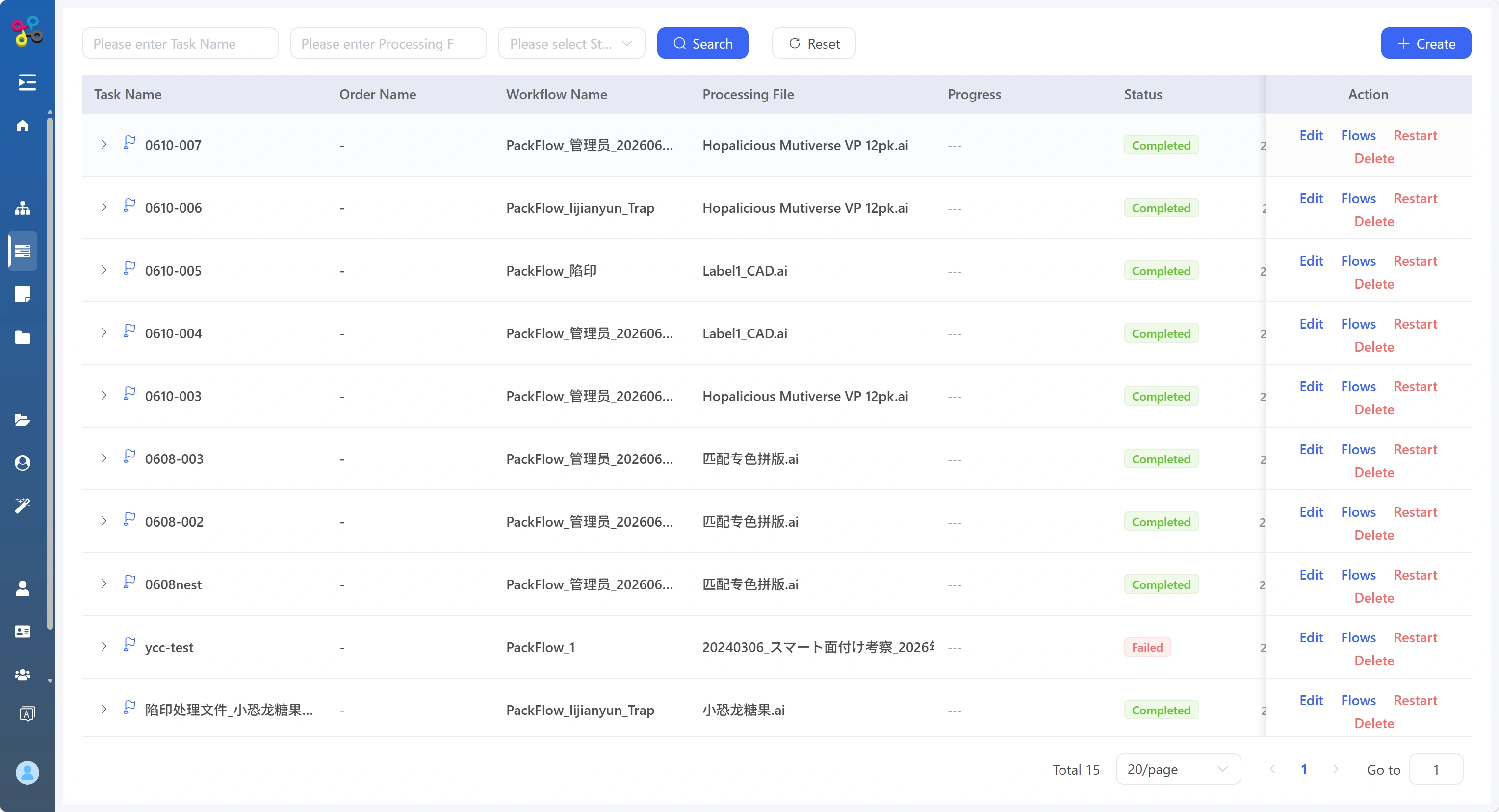PackFlow job list and processing status